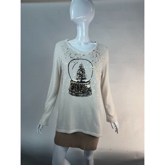 STYLE & CO Holiday Snow Globe Christmas Top Sz M Beige Cotton Blend Blemish - Picture 15 of 16